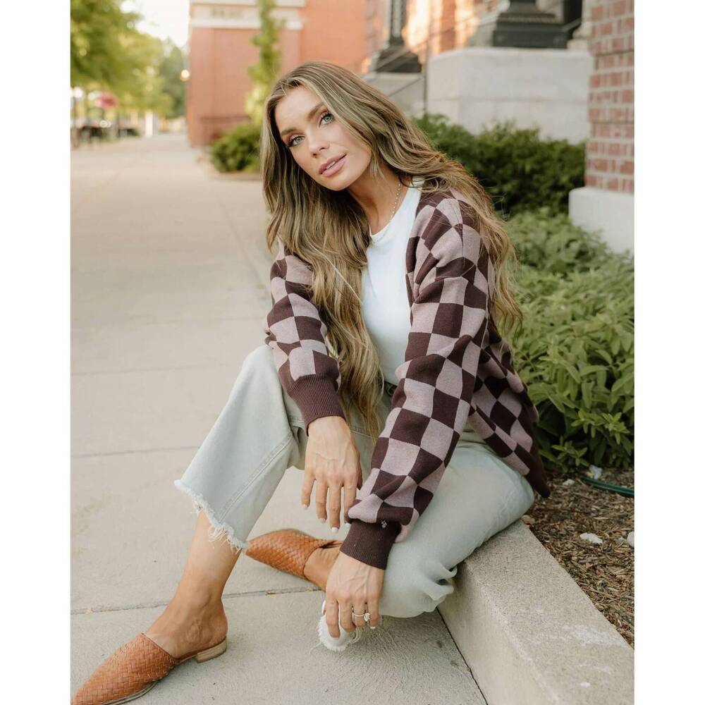 NEW INDIE & CO hunter checker cardigan in brown - Picture 3 of 8